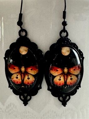 Gothic Victorian Black Oval Dangle Earrings with Orange Butterfly pendant 1.5”
